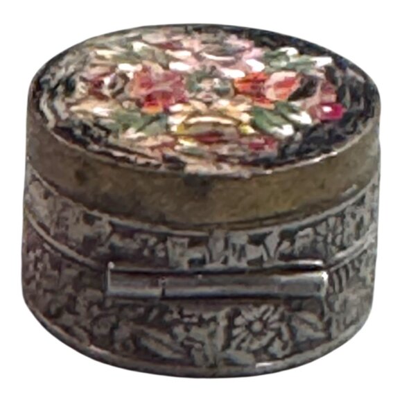 Vintage Italian Micro Mosaic Floral Pill Box Floral Inlaid Silver Plated Trinket - Picture 4 of 9